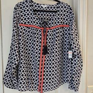 Crown & Ivy Navy, White & Orange Trim Blouse,  New With Tags,  2X
